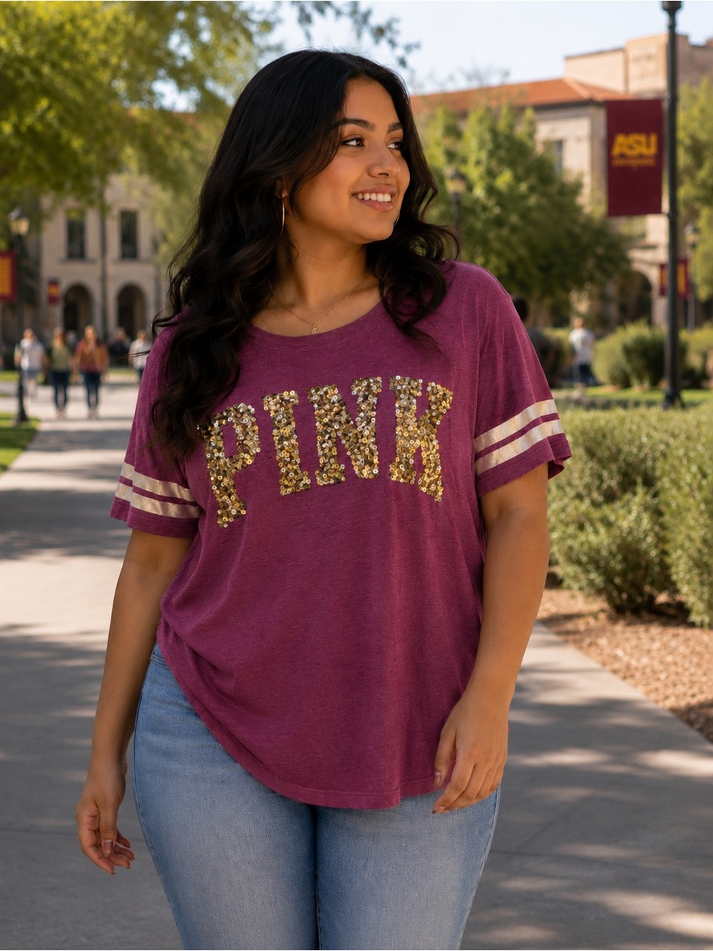 PINK Victoria's Secret Plum Short-Sleeve Sequin Logo Tee